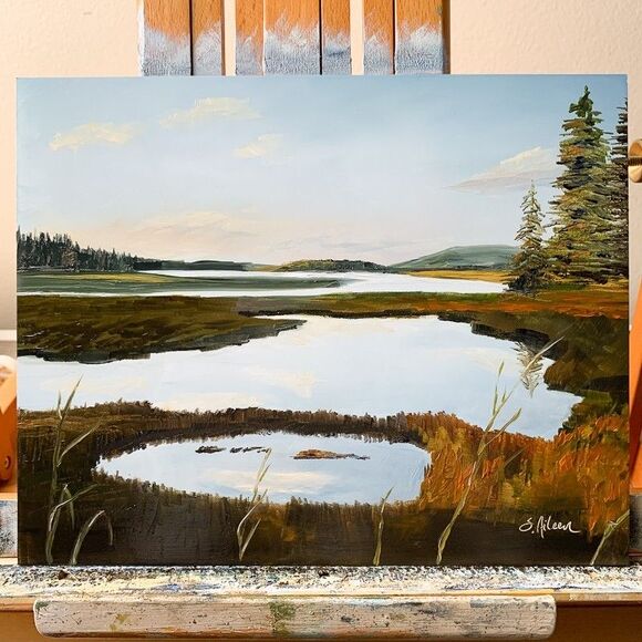 Original Oil Painting Coastal Acadia National Park Sunset Reflection 8x10 Signed - Picture 2 of 6